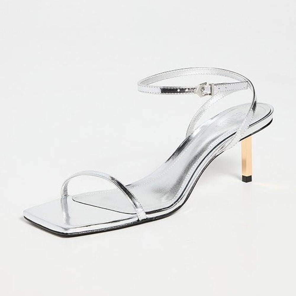 Schutz Sam Metallic Patent Leather Mid Heel Strappy Sandals Silver Women's 6.5